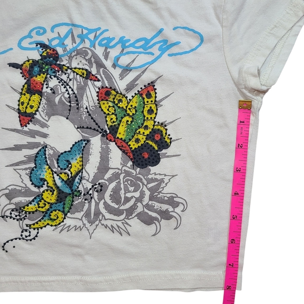 Ed Hardy Kids Rhinestone Butterfly Tattoo Graphic Tee White Size Small - Picture 8 of 8